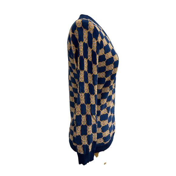 J McLaughlin Kristyn Cardigan XS Blue Heraldic Knot Print Button Front Sweater - Picture 5 of 11